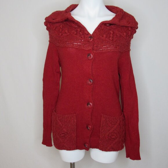 Sleeping On Snow Anthropologie Red Cablepom Cardigan Sweater Women's S Small - Picture 5 of 9